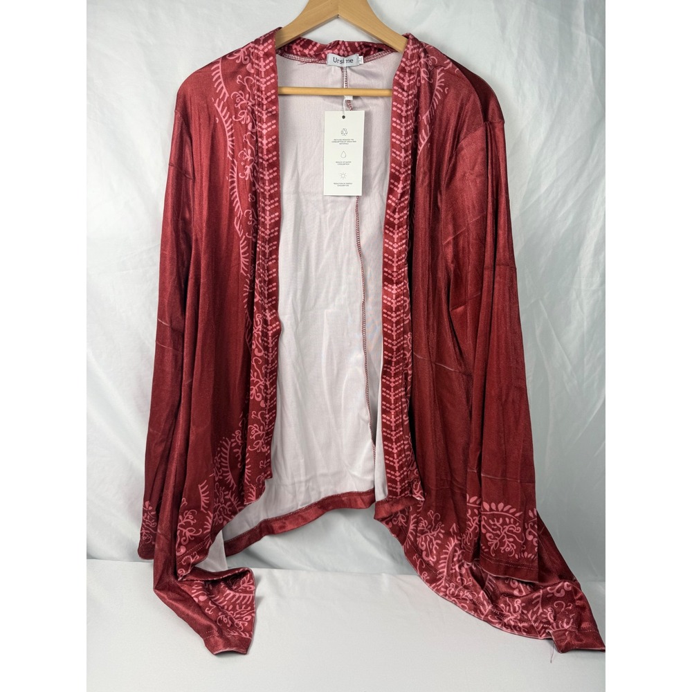 Ursime 3x Claret Red Paisley Border Print Open Front Waterfall Cardigan NEW